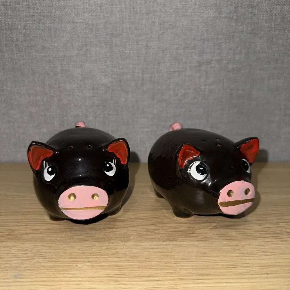 Vtg Japan Anthropomorphic Black Pig Salt And Pepper Shakers Large